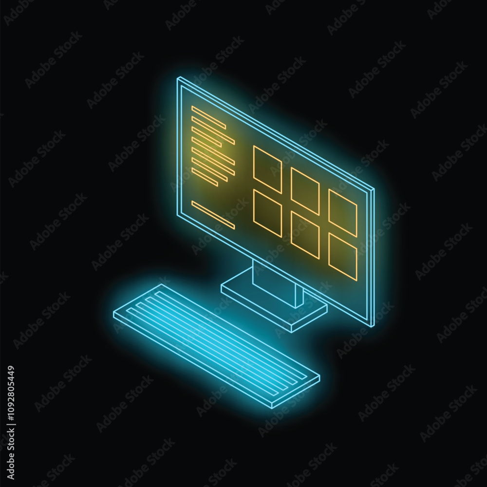 Poster neon computer monitor showing a software application interface with a keyboard, on a black backgroun