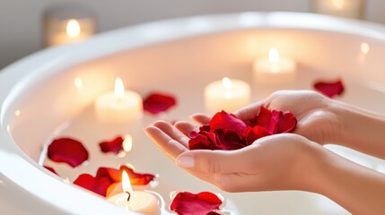 A serene bath scene featuring hands holding rose petals, surrounded by floating candles, creating a relaxing and romantic atmosphere.