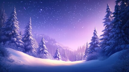 Naklejka premium A serene winter landscape with snow-covered trees and a starry night sky.