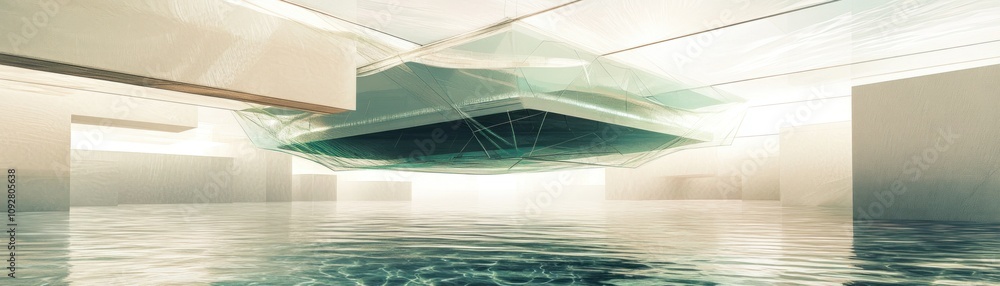 Poster a futuristic, minimalistic environment with a floating structure above serene water.
