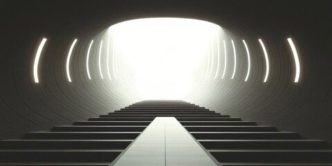 Naklejka premium Futuristic Tunnel with Bright Light at the End and Elegant Staircase Leading Upwards, Symbolizing Journey, Hope, and Transformation in a Modern Architectural Setting