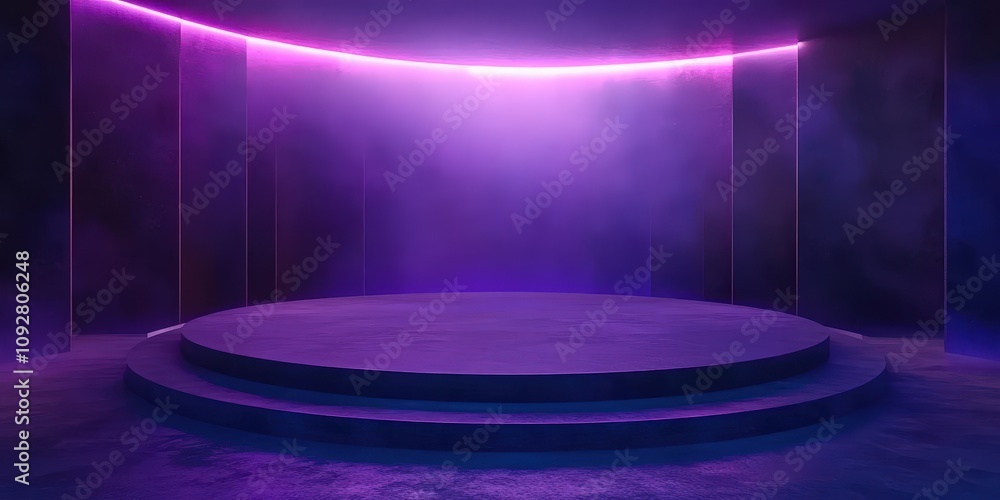 Poster futuristic stage design with vibrant neon lights and soft fog for dynamic performances in an artisti