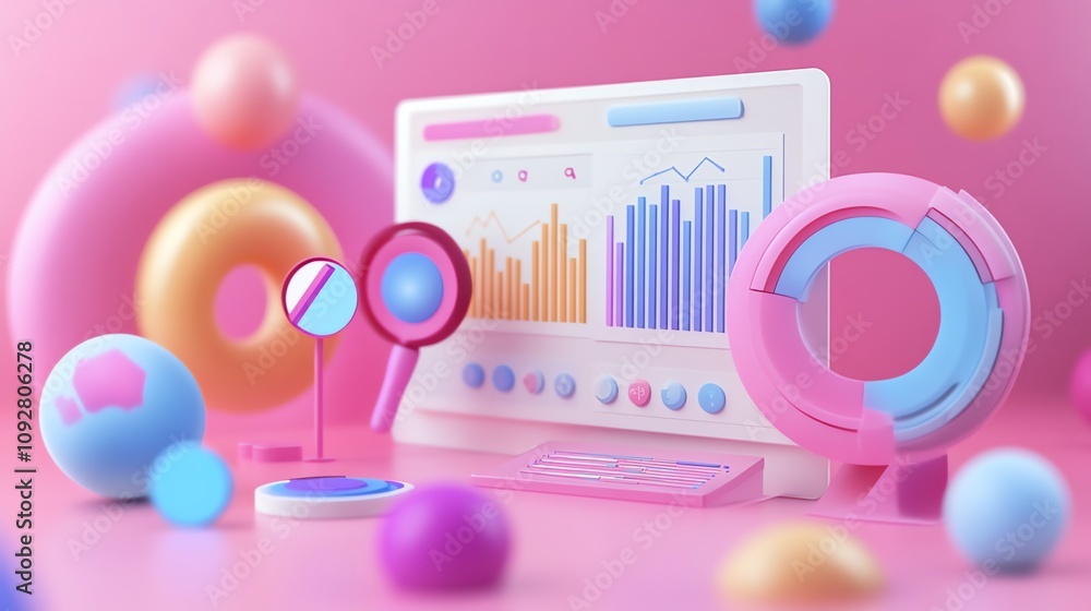 Poster a 3d rendering of colorful data and analytics icons.