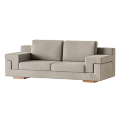 A tan couch with two cushions and wooden legs