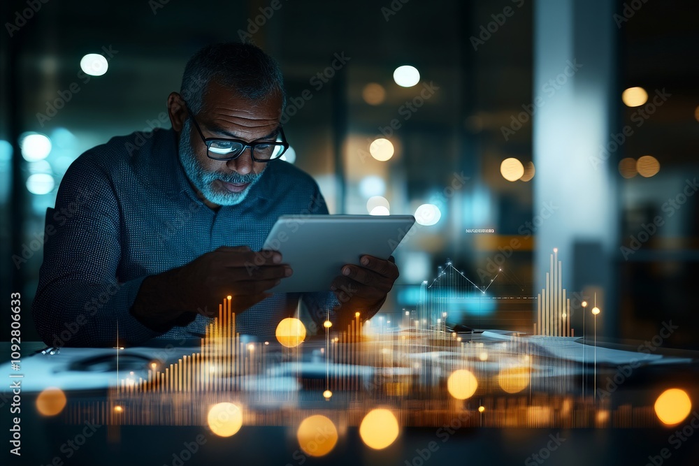 Poster an elder man with glasses intently studies a digital tablet, as virtual graphs and data visualizatio