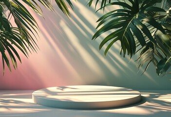 Obraz premium Empty podium featuring tropical leaf shadows and a soft pastel gradient. Made with generative AI technology