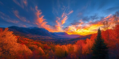 Fototapeta premium Scenic Autumn Forest View at Sunset with Mountain Range