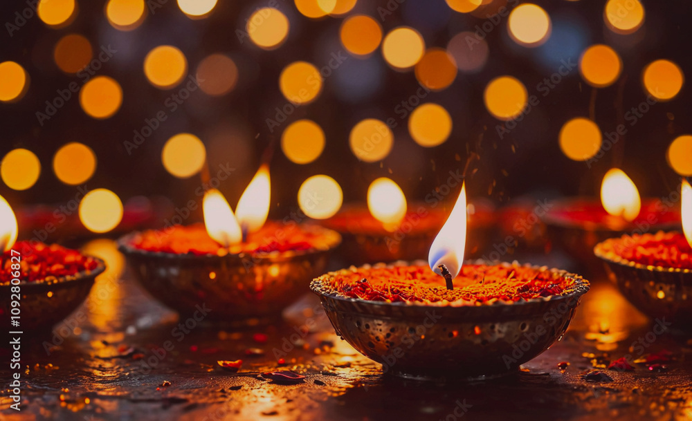 Poster group of candles are lit and arranged in small bowls on a table. the candles are evenly spaced and t