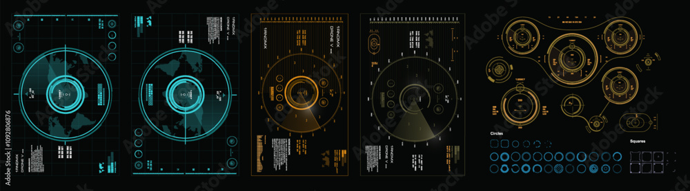 Poster vector set aerial targets, sights and devices for geolocation, detection objects and their destructi