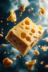 A piece of cheese flying through the air with a blue sky in the background