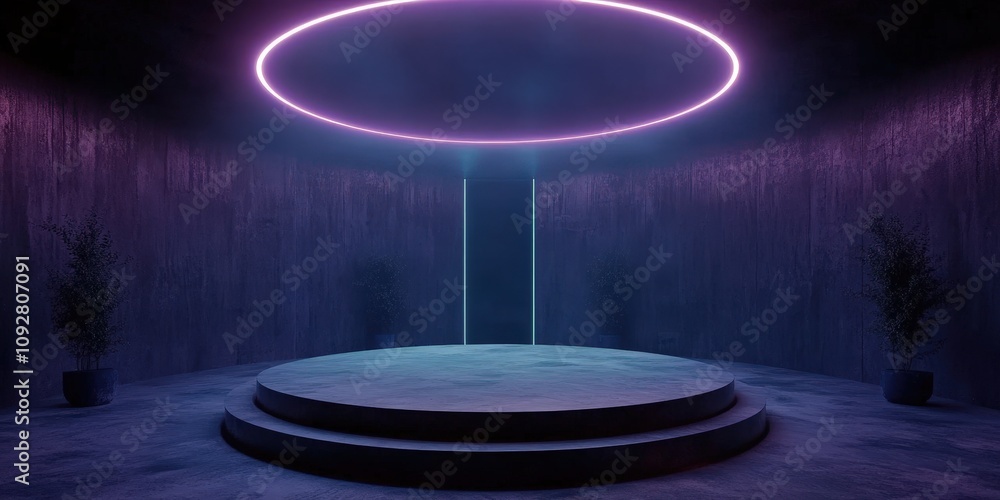 Poster futuristic stage design with neon lighting in a dark environment, showcasing a circular light featur