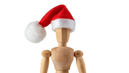 A wooden mannequin dressed in a festive Santa hat, symbolizing holiday cheer and creativity. Perfect for Christmas and seasonal design themes.