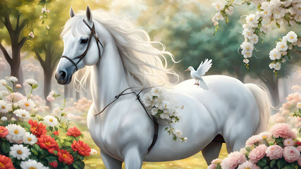 A white horse is standing in a park full of flowers and a beautiful dove is sitting on top of it