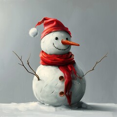 A snowman with a red scarf and hat, in the style of digital art