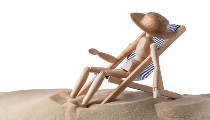 Wooden mannequin figure sitting on sand against a white background, evoking themes of relaxation and creative inspiration. Ideal for concepts relating to art, design, and leisure.