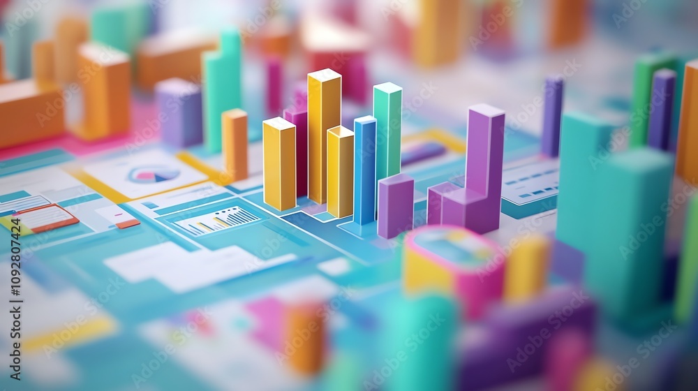 Poster a 3d render of a series of data charts and graphs.