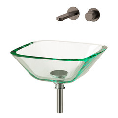 A glass sink with a silver faucet