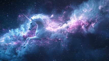 A majestic unicorn leaps through a vibrant, cosmic nebula filled with stars and colors.