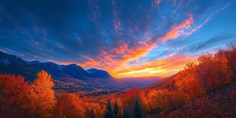 Scenic Autumn Forest View at Sunset with Mountain Range