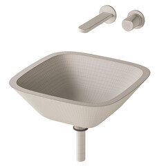 A white sink with a grey faucet