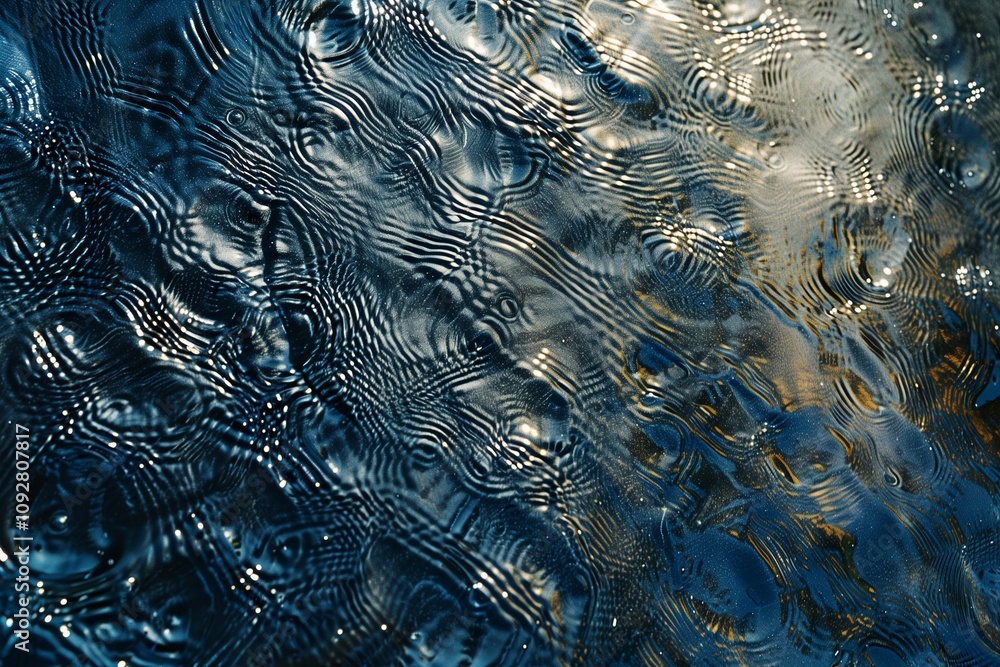 Poster a close-up of ripples on the surface of water, capturing their intricate patterns and reflections in
