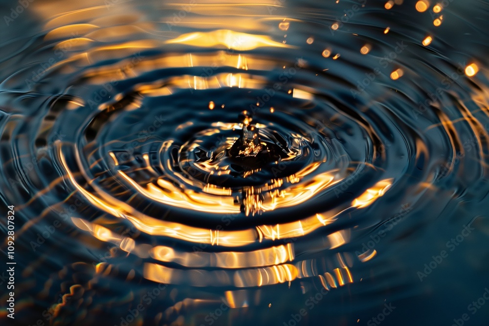 Poster close-up of ripples on a water surface, a drop falling in the center creating circular waves spreadi