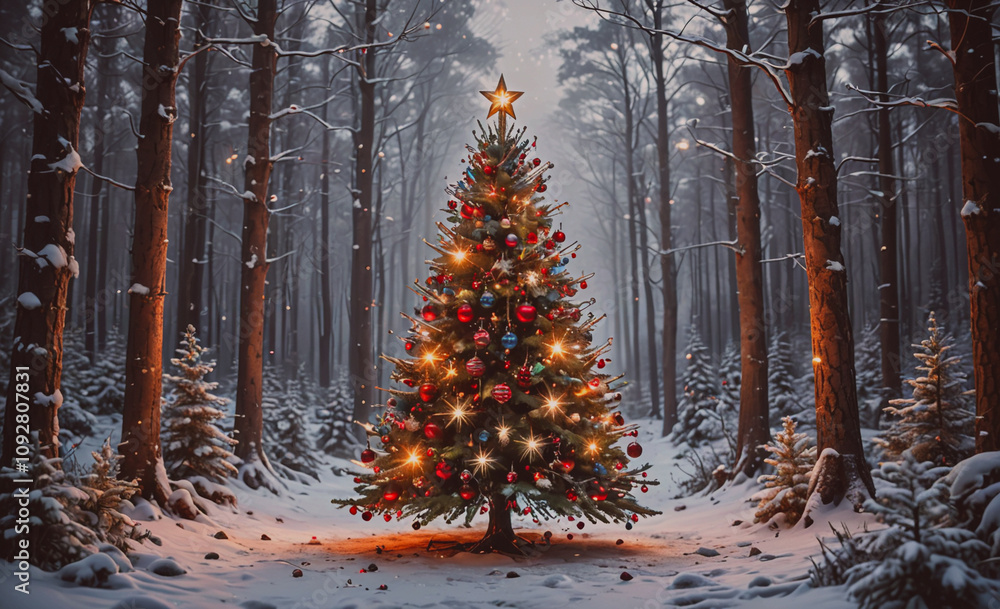 Poster christmas tree with lights and ornaments is in a snowy forest. the tree is surrounded by pine trees