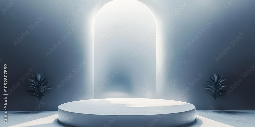 Aufkleber modern minimalist studio with circular platform and archway in soft lighting, ideal for showcasing a