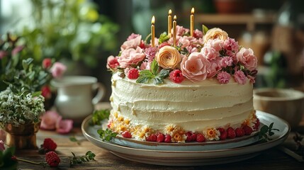 Beautifully decorated cake with flowers and candles for special occasion