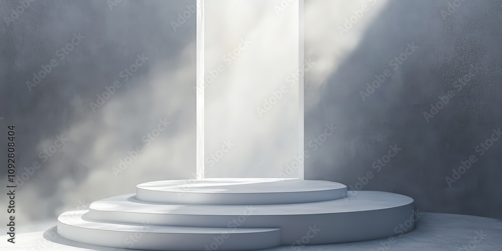 Poster ethereal minimalist scene with soft light and circular stairs leading to a bright opening in a calmi