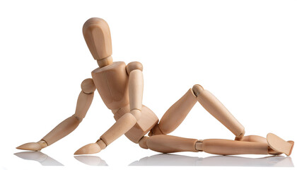 A wooden mannequin relaxing on a white background, embracing minimalism and creativity in art and design.