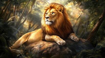 A majestic lion rests on a rock in a lush, sunlit forest setting.