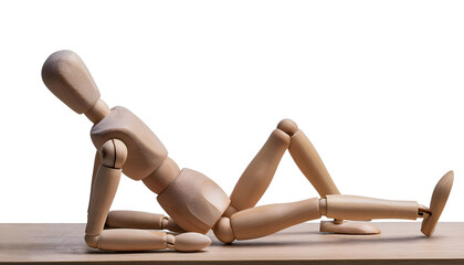 A wooden mannequin relaxing on a white background, embracing minimalism and creativity in art and design.