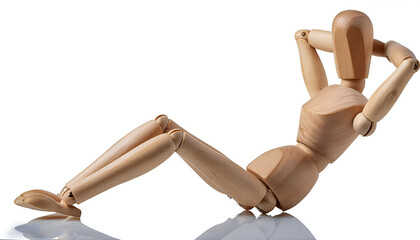 A wooden mannequin relaxing on a white background, embracing minimalism and creativity in art and design.