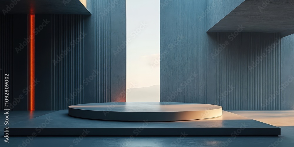 Poster modern minimalist interior with circular platform surrounded by geometric architectural elements and
