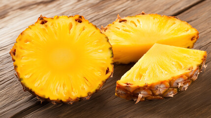 Close-Up of Pineapple Slice on Wooden Table, Halved to Show Yellow Interior, Professional Food Photography with Studio Lighting