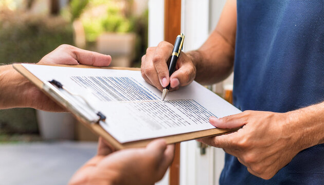 Customer Man signature in clipboard to receive package from professional delivery man at home