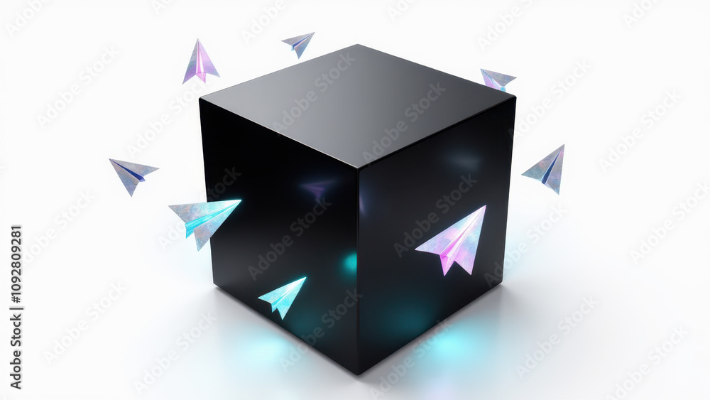 Poster illustration of ai technology with a dark-themed cube and shimmering lights suggesting advanced proc