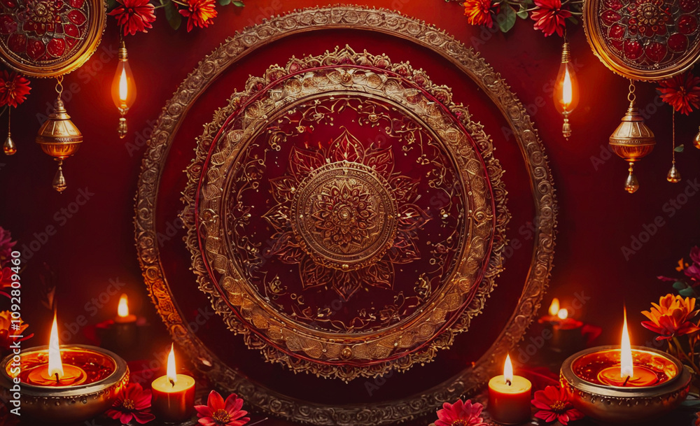 Poster gold and red plate with a flower design sits on a table. there are several candles around the plate,