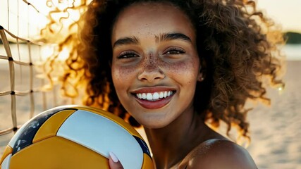 Young female volleyball player with ball at beach sunset. Happy and vibrant sports lifestyle portrait. Summer beach volleyball concept.	
 - Powered by Adobe