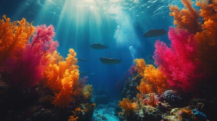 Naklejka premium Vibrant coral reef with fish swimming in sunlit water.