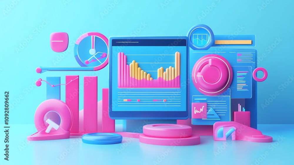 Poster a computer screen with colorful business charts and graphs.