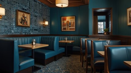 Here's a description and keywords for your stock photo.. Teal booth seating in a vintage-style restaurant alcove with wood trim, artwork, and small tables.