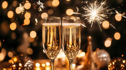 Two champagne flutes with sparkling wine and a sparkler in front of a bokeh background.
