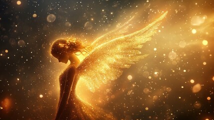 Fototapeta premium A glowing angel in a starry sky, her wings like delicate lace, illuminated by soft golden sparkles 