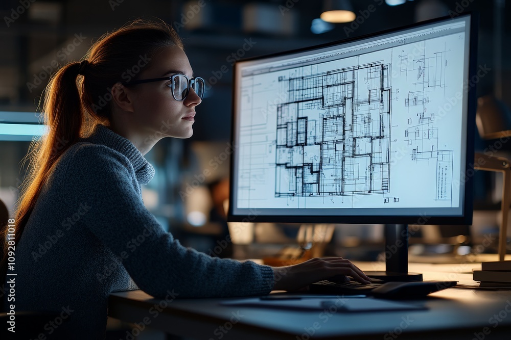 Poster a focused architect works on a detailed digital blueprint on the computer, concentrating intensely u