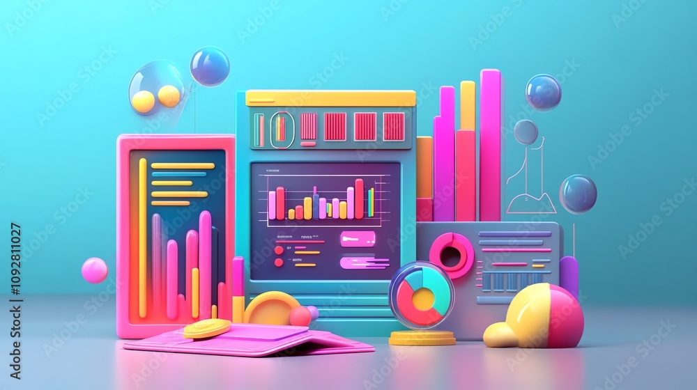 Poster a 3d rendering of a computer screen and other colorful data visualization icons.