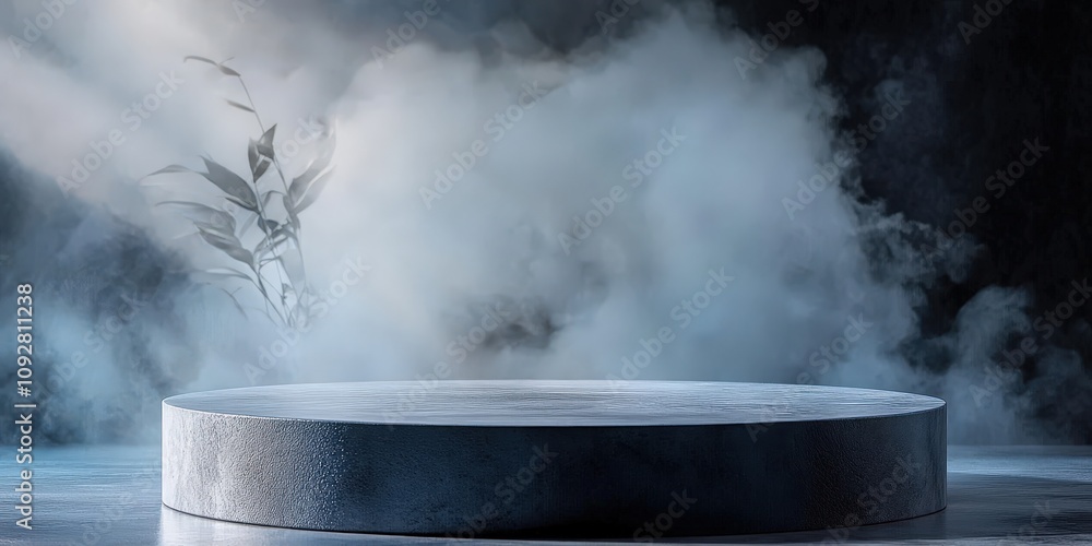Poster mystical studio environment with circular platform surrounded by floating fog and soft light creatin