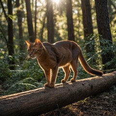 A sleek Abyssinian cat with a shiny coat, leaping over a log in a dense forest with sunlight...