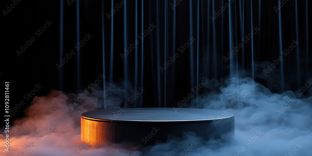 Poster a dramatic studio setup featuring a circular pedestal surrounded by mist and illuminated by soft lig
